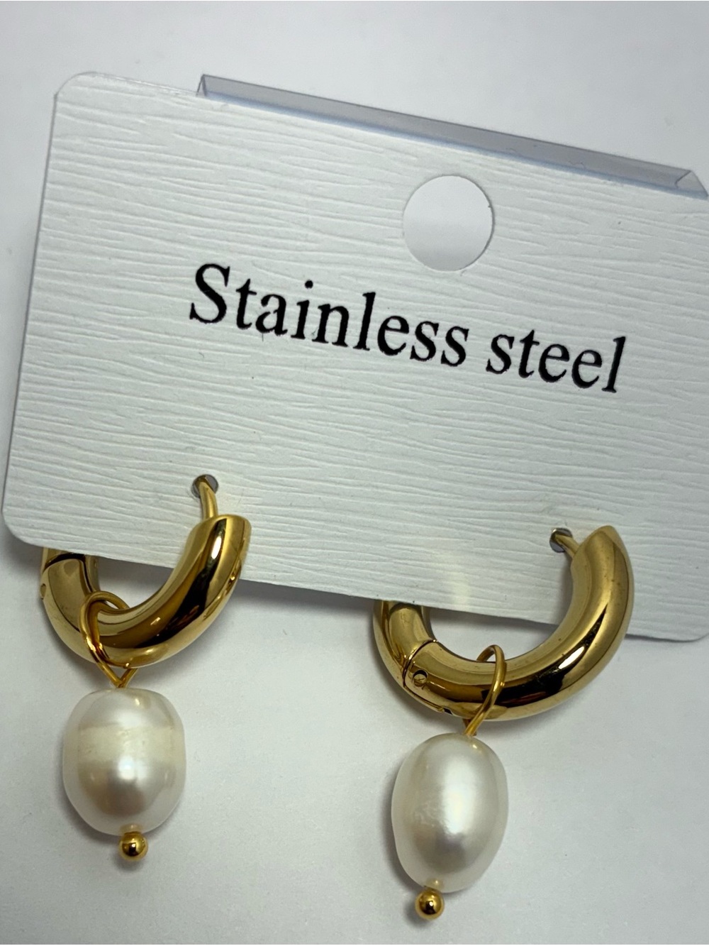 Gold Stainless Steel Hoop Earrings with White Irregular Pearl Drops